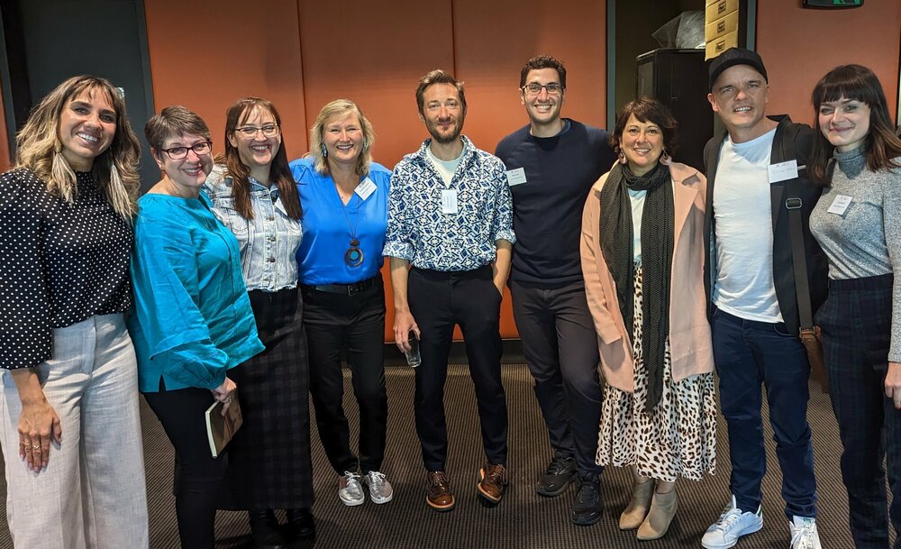 A group photo of authors Kirli Saunders, Tania Blanchard, Emily McGuire, Petronella McGovern, publisher David Gressot, author Will Kostakis, author/illustrator Serena Geddes, author Tristan Bancks and ASA Marketing and Communications Manager Lucy Hayward 